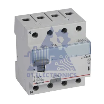 RCCB TX³ – 4P 400 V~ – 30 mA – 25 A – AC type – neutral on left-hand – no aux.